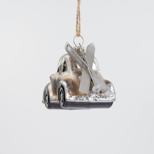 Hand Painted Glass VW with Skis Ornament