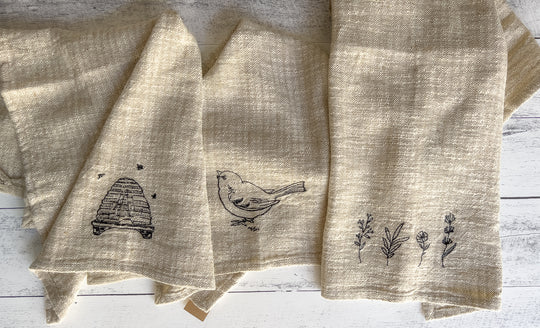 Linen & Cotton Slub Embroidered Tea Towel